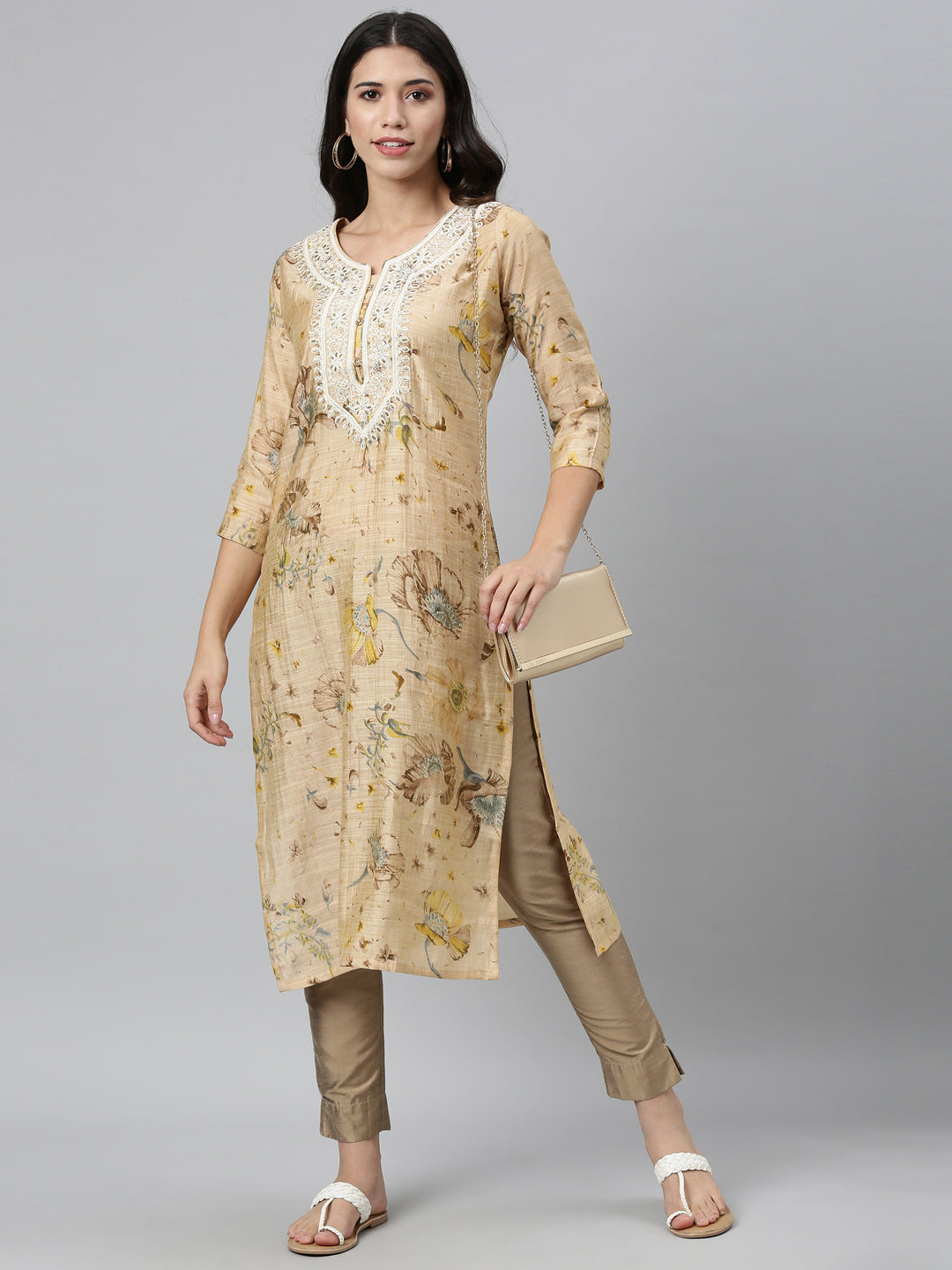 Neerus Beige silk thread embroidered kurta - detail view 1
