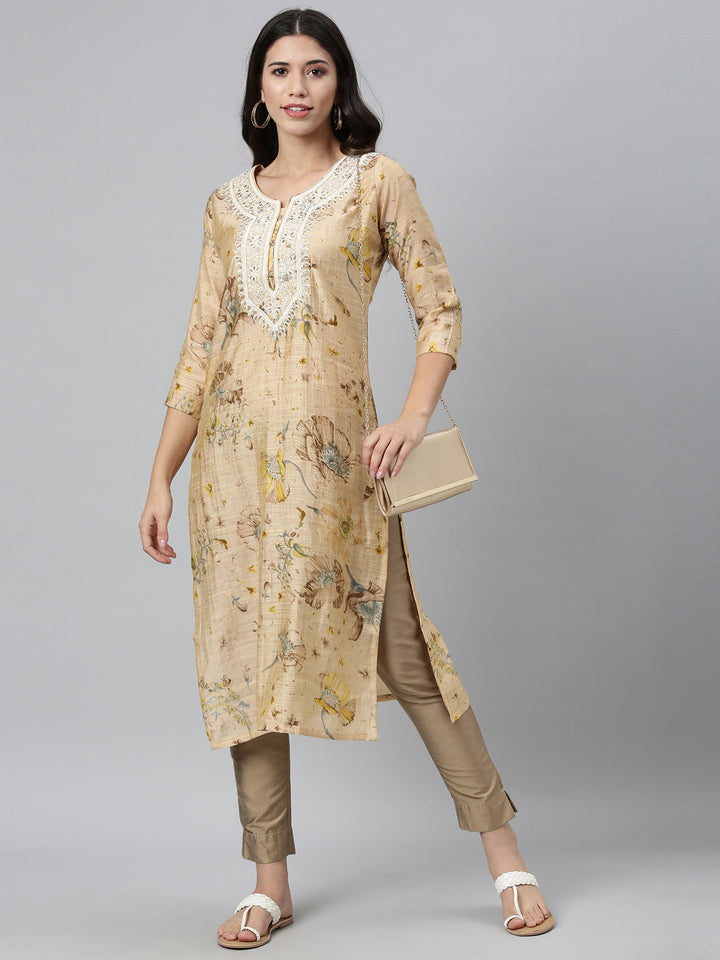 Neerus Beige silk thread embroidered kurta - detail view 1