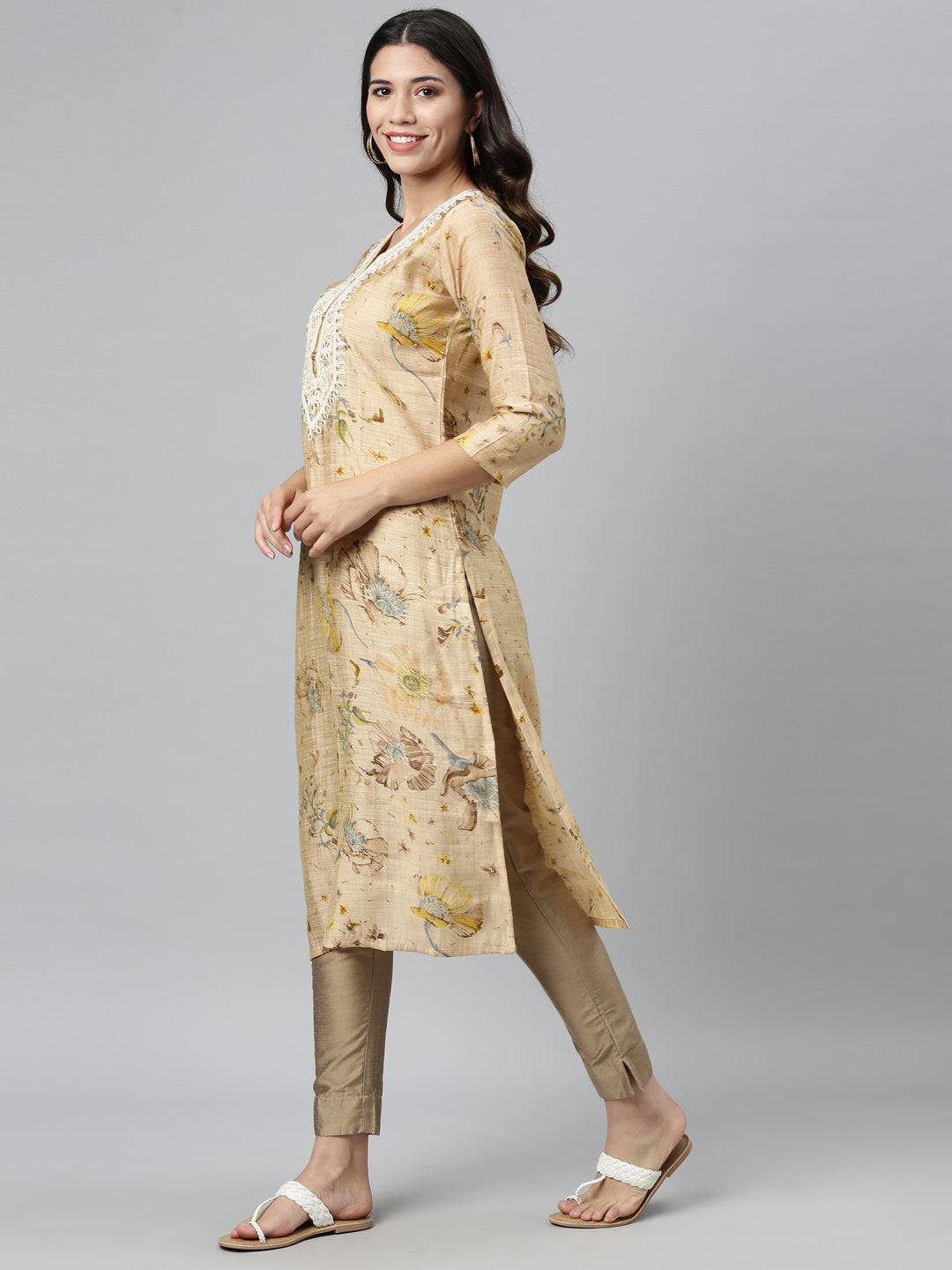 Neerus Beige silk thread embroidered kurta - detail view 2