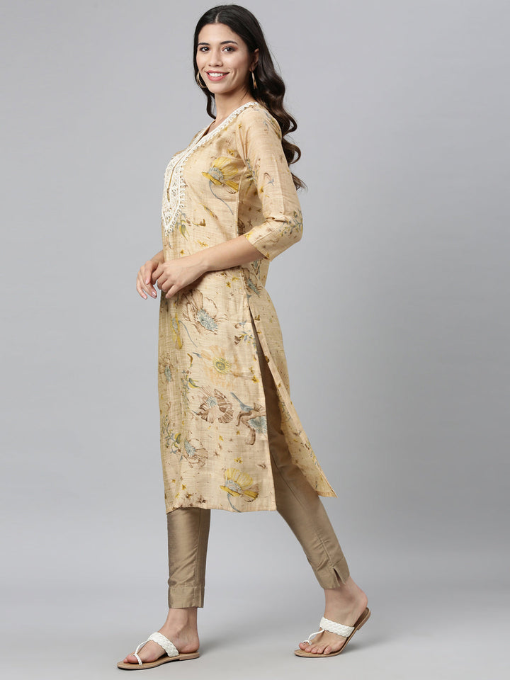 Neerus Beige silk thread embroidered kurta - detail view 2