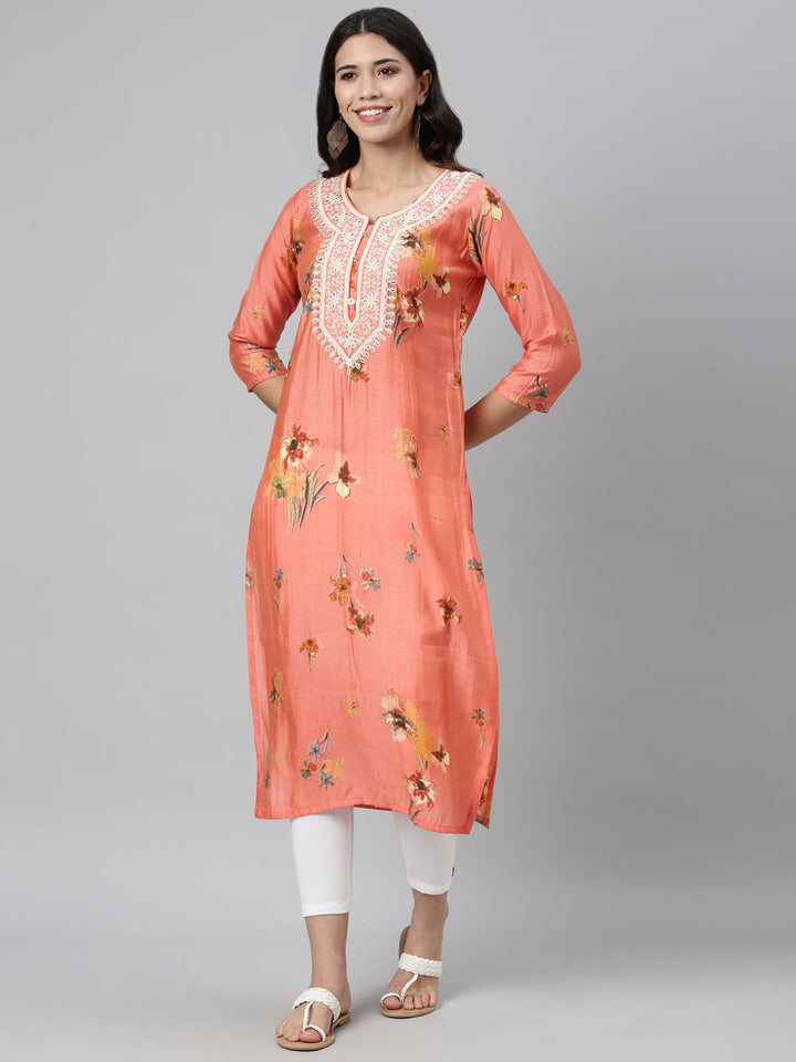Neerus Orange silk thread embroidered kurti - detail view 4