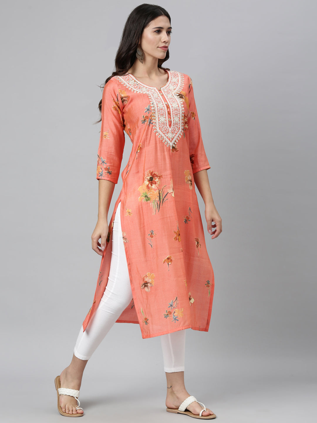 Neerus Orange silk thread embroidered kurti - front view