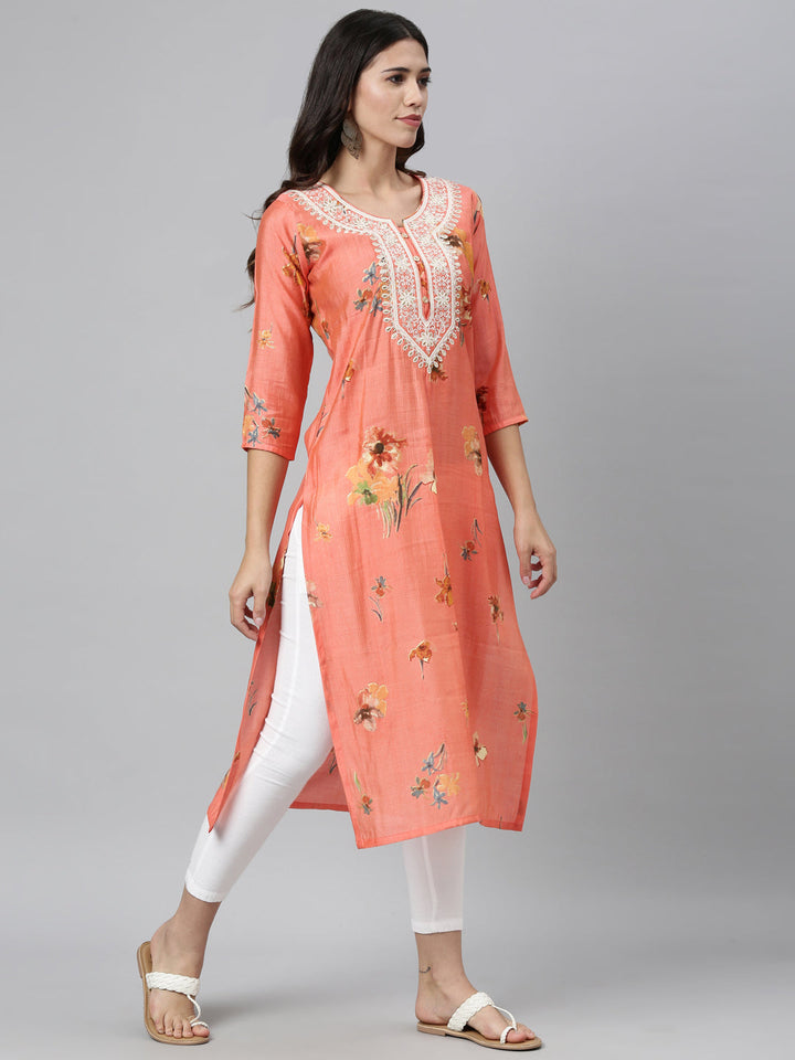Neerus Orange silk thread embroidered kurti - front view