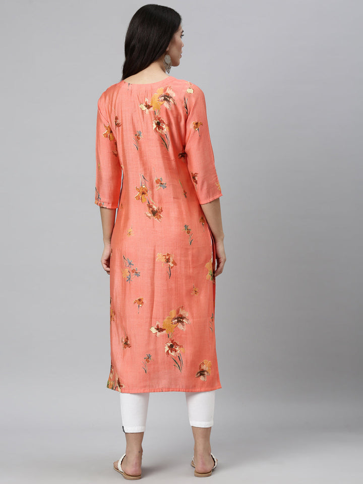 Neerus Orange silk thread embroidered kurti - back view