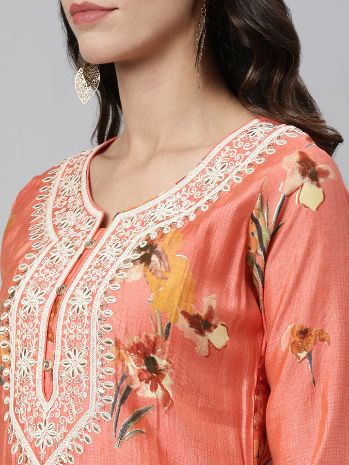 Neerus Orange silk thread embroidered kurti - side view
