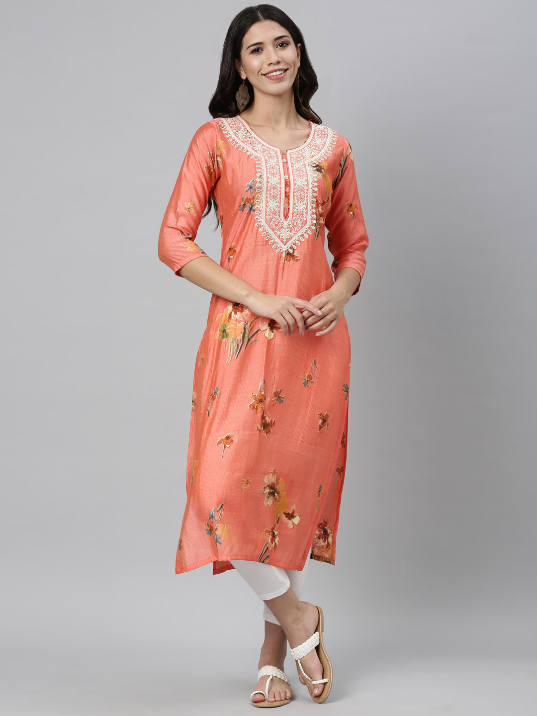 Neerus Orange silk thread embroidered kurti - detail view 1
