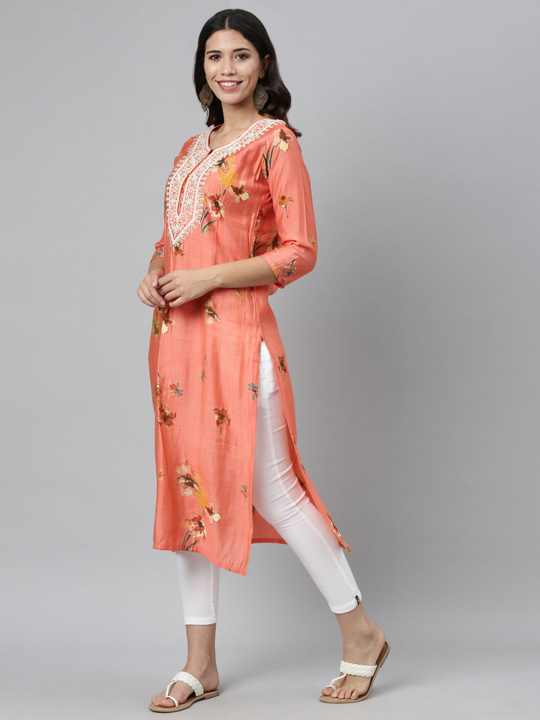 Neerus Orange silk thread embroidered kurti - detail view 2