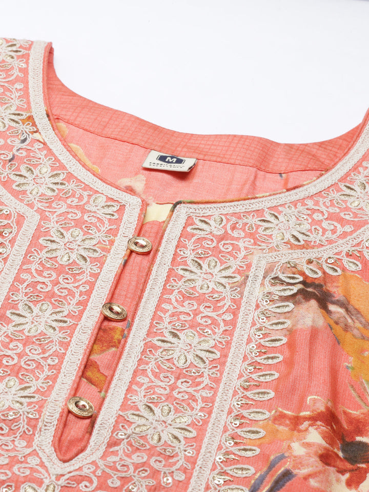 Neerus Orange silk thread embroidered kurti - detail view 3