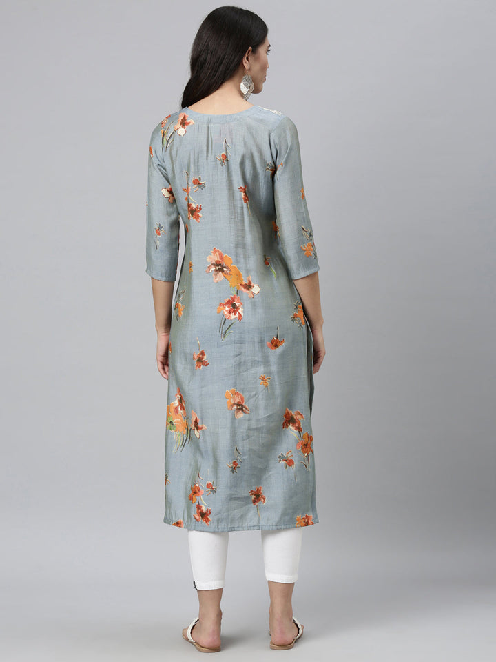 Neerus Grey silk thread embroidered straight kurti - side view