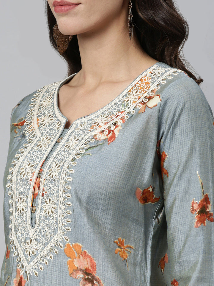 Neerus Grey silk thread embroidered straight kurti - detail view 1