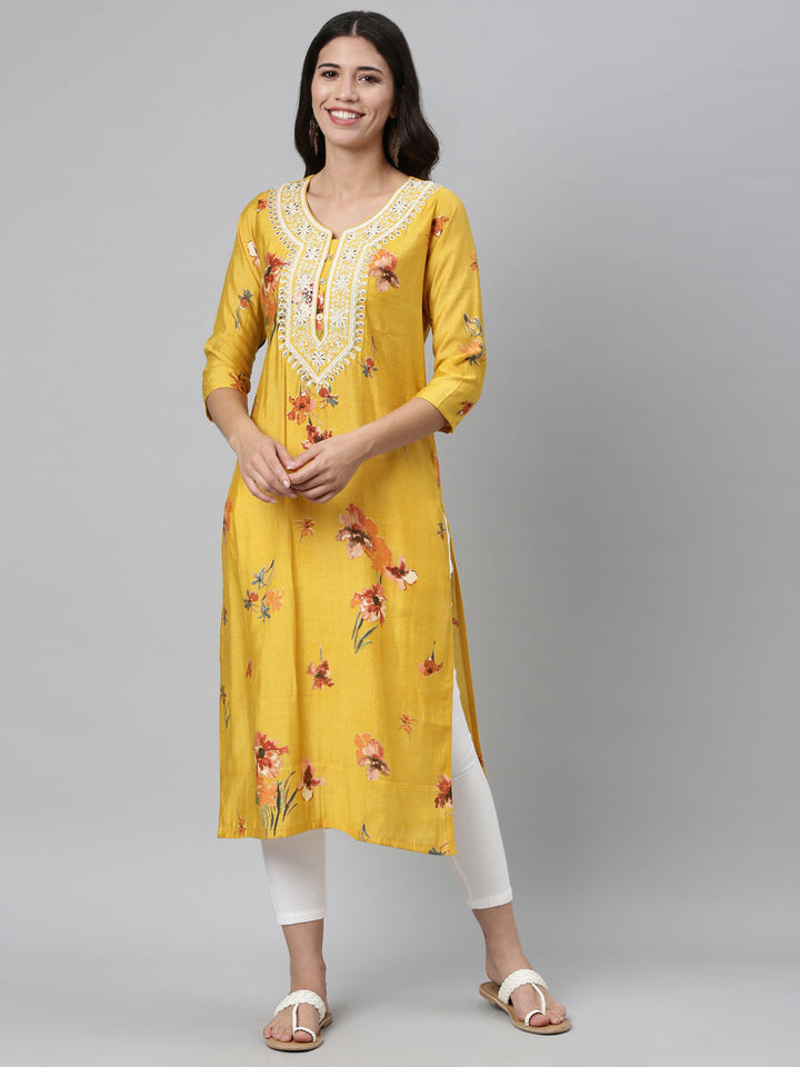 Neerus Yellow silk thread embroidered kurta - front view
