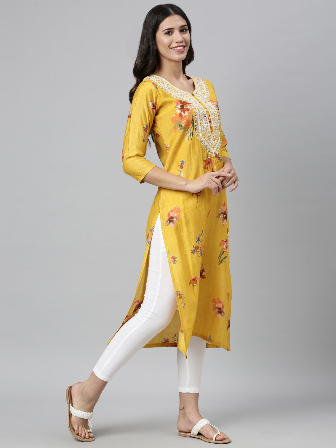 Neerus Yellow silk thread embroidered kurta - back view