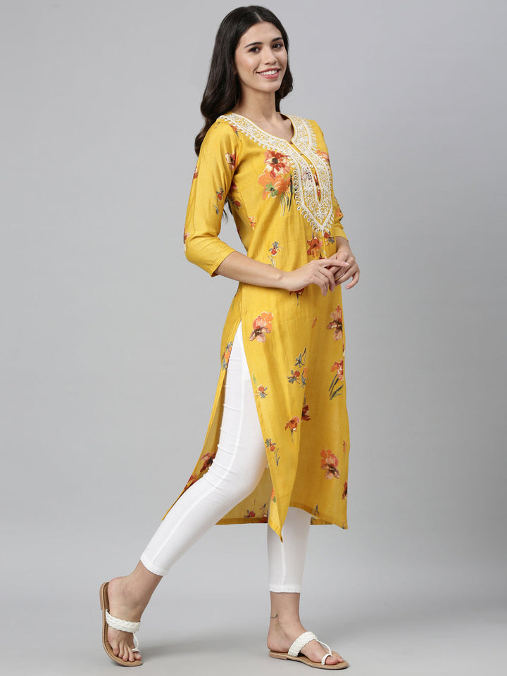 Neerus Yellow silk thread embroidered kurta - back view