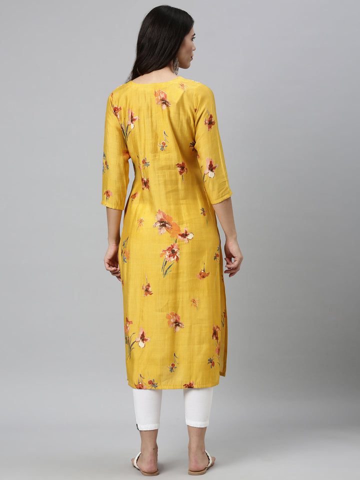Neerus Yellow silk thread embroidered kurta - side view
