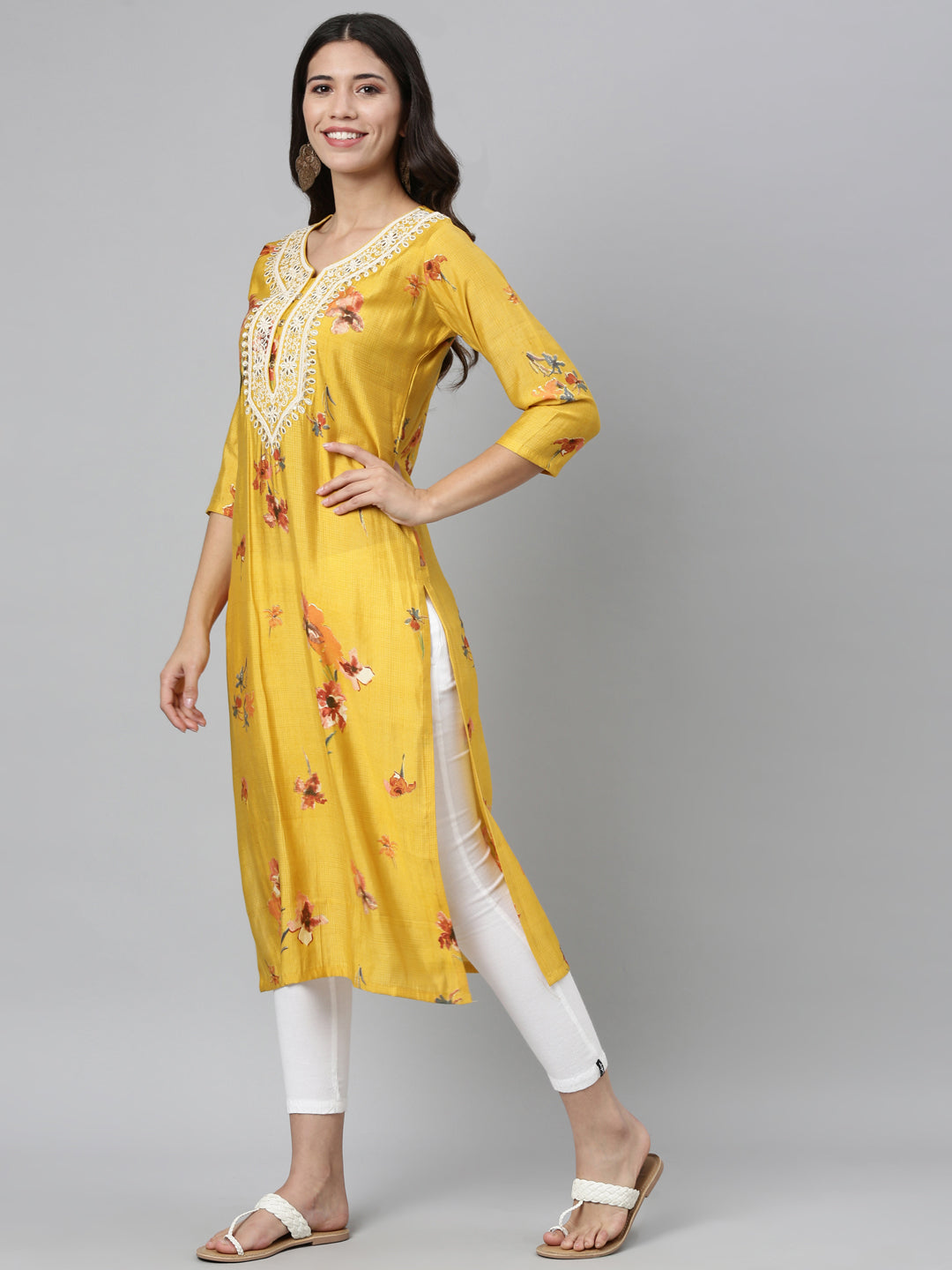 Neerus Yellow silk thread embroidered kurta - detail view 3