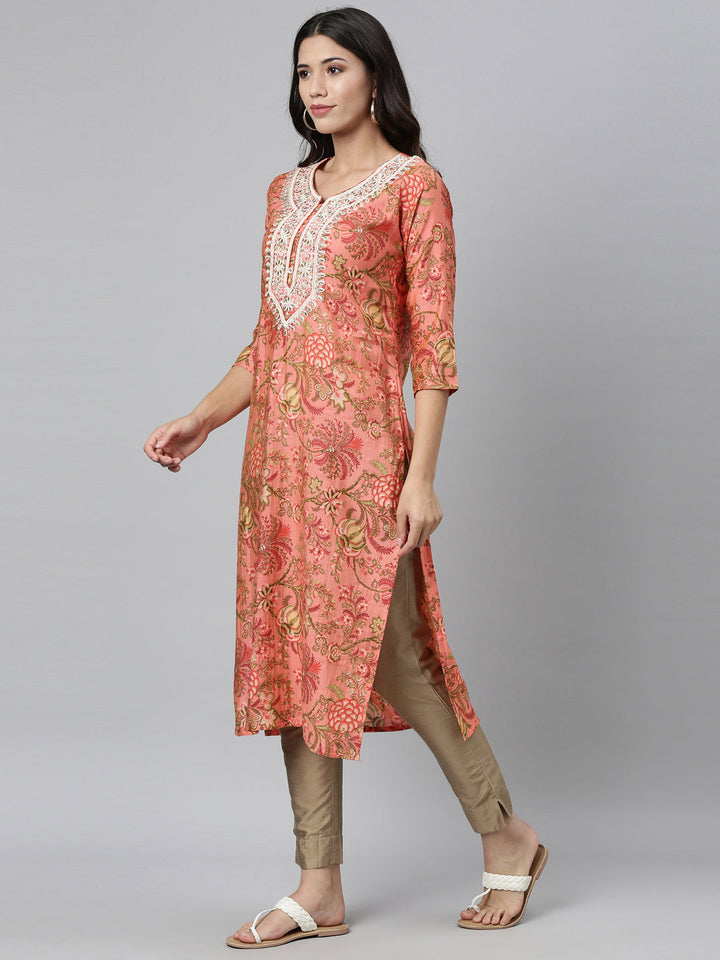 Neerus Orange silk thread embroidered kurti - detail view 2