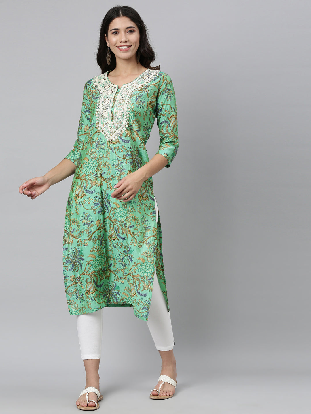 Neerus Green Silk Thread Embroidered Kurti - front view