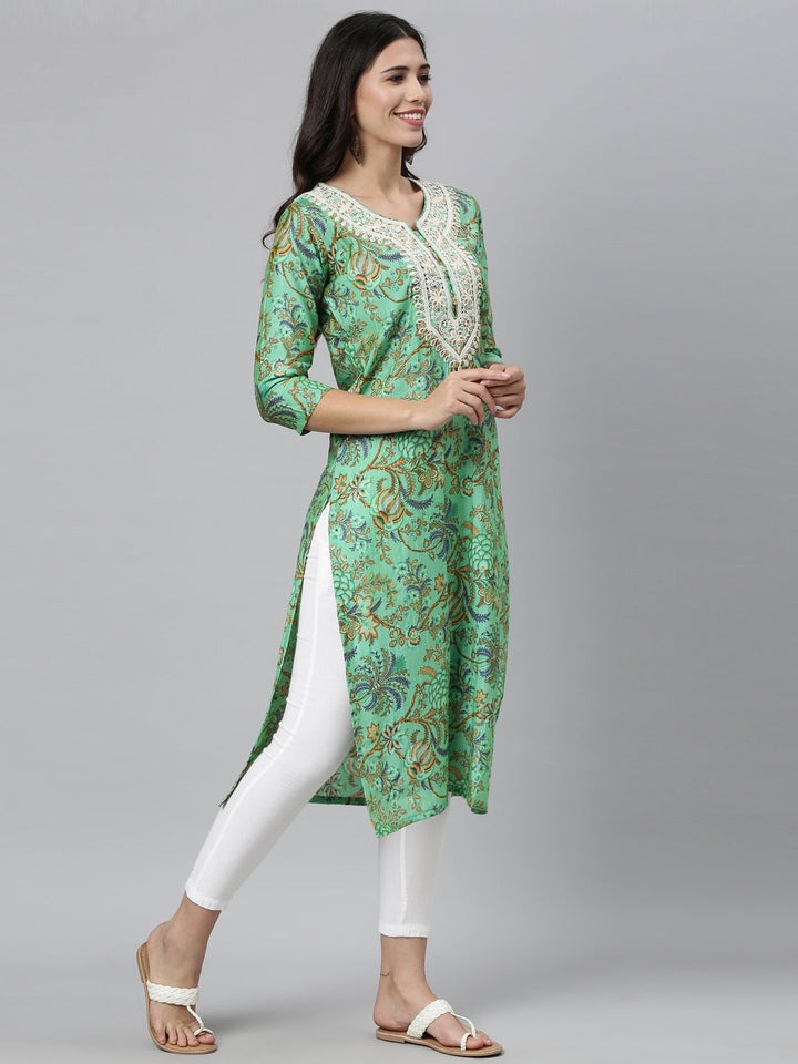 Neerus Green Silk Thread Embroidered Kurti - back view