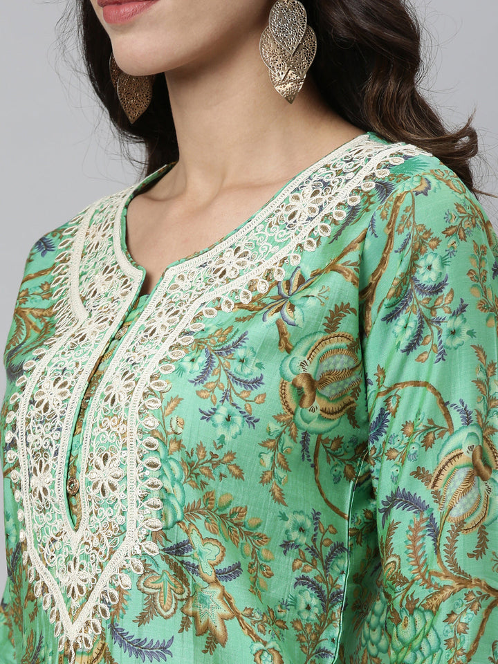 Neerus Green Silk Thread Embroidered Kurti - detail view 1
