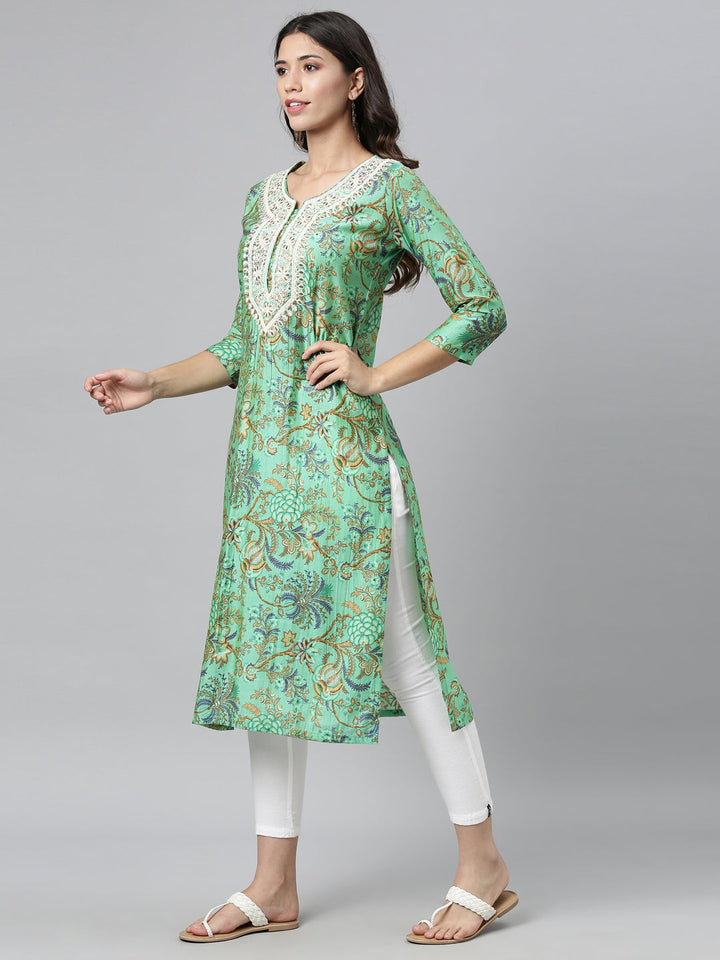 Neerus Green Silk Thread Embroidered Kurti - detail view 3
