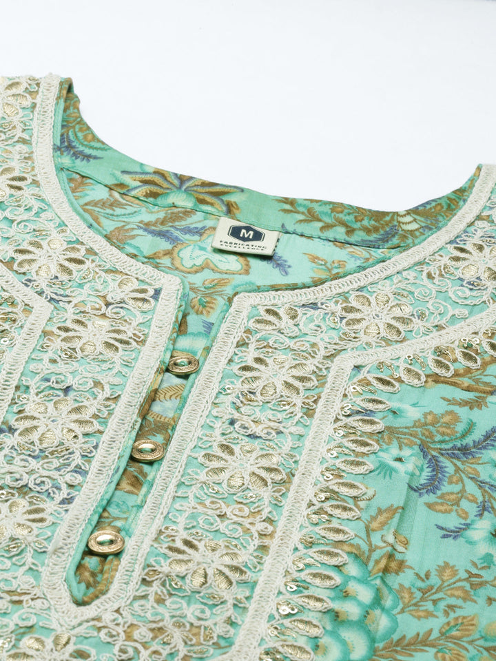 Neerus Green Silk Thread Embroidered Kurti - detail view 4
