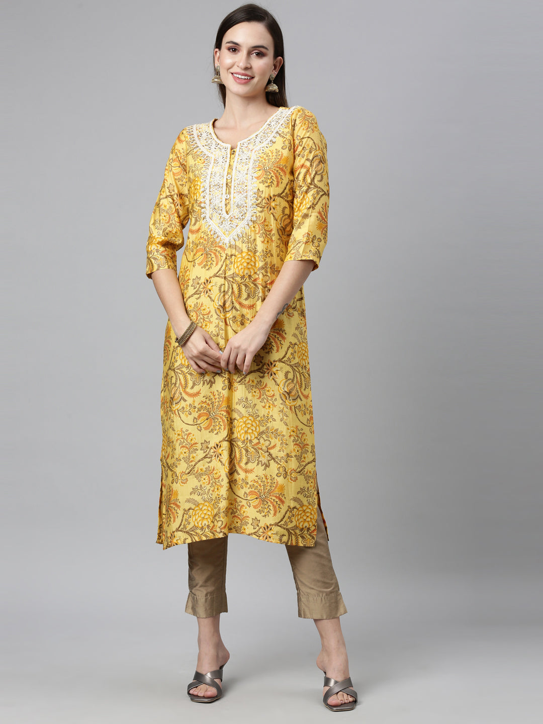 Neerus Yellow silk thread embroidered straight kurti - detail view 4