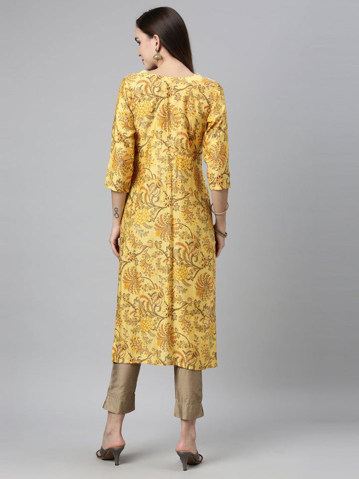 Neerus Yellow silk thread embroidered straight kurti - back view