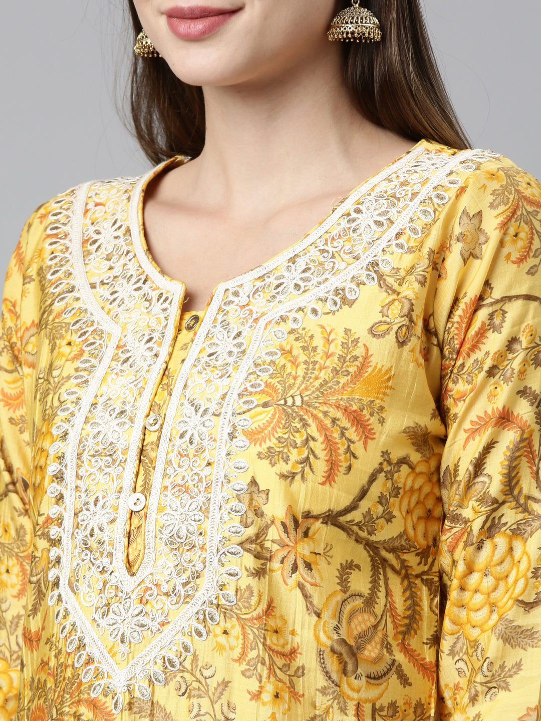 Neerus Yellow silk thread embroidered straight kurti - side view