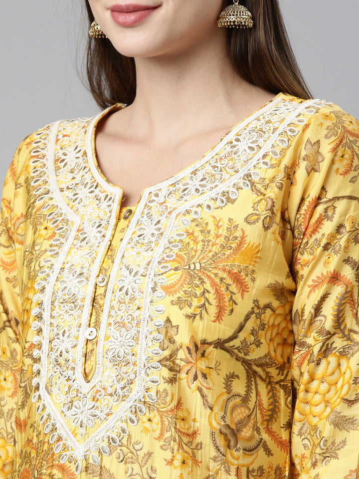 Neerus Yellow silk thread embroidered straight kurti - side view