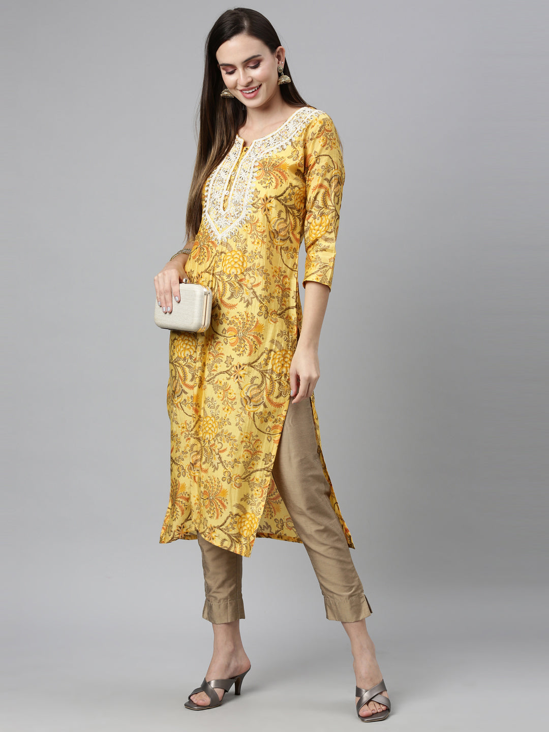 Neerus Yellow silk thread embroidered straight kurti - detail view 1