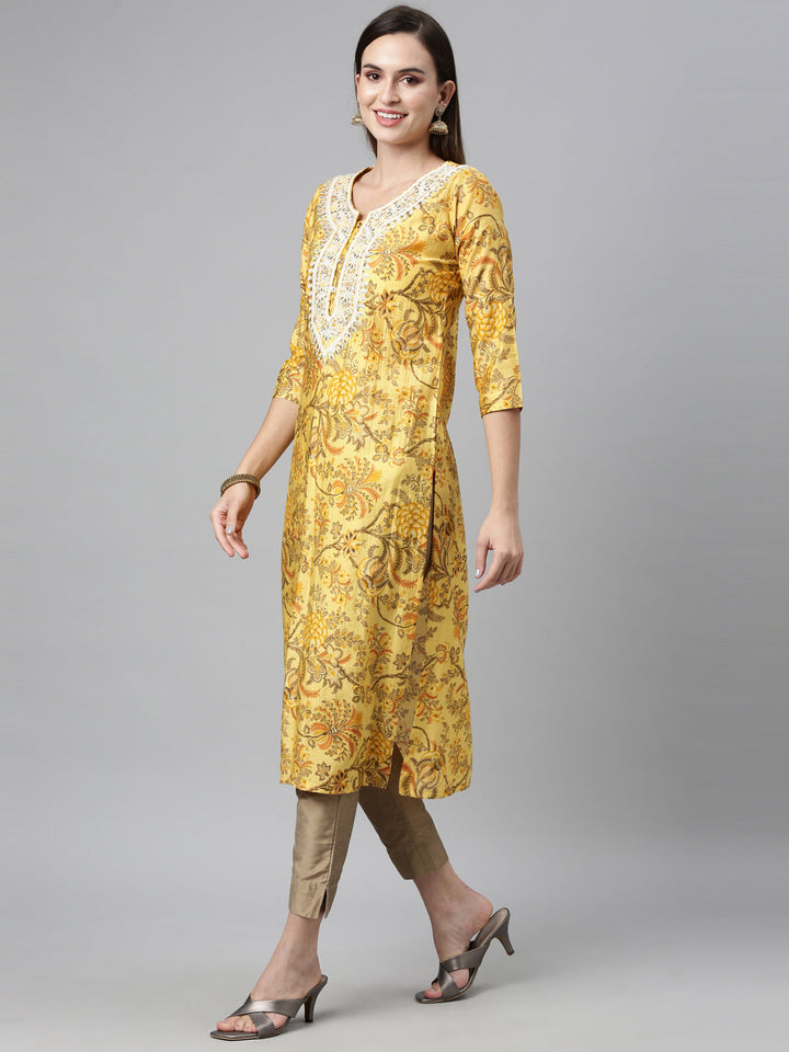 Neerus Yellow silk thread embroidered straight kurti - detail view 2