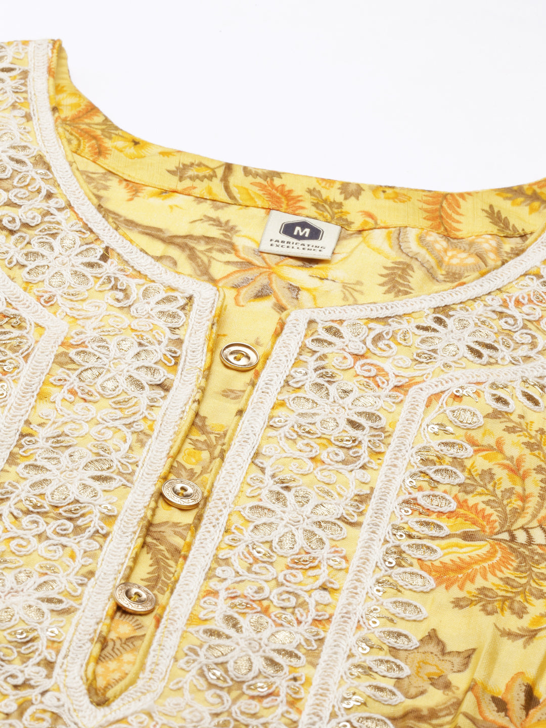 Neerus Yellow silk thread embroidered straight kurti - detail view 3