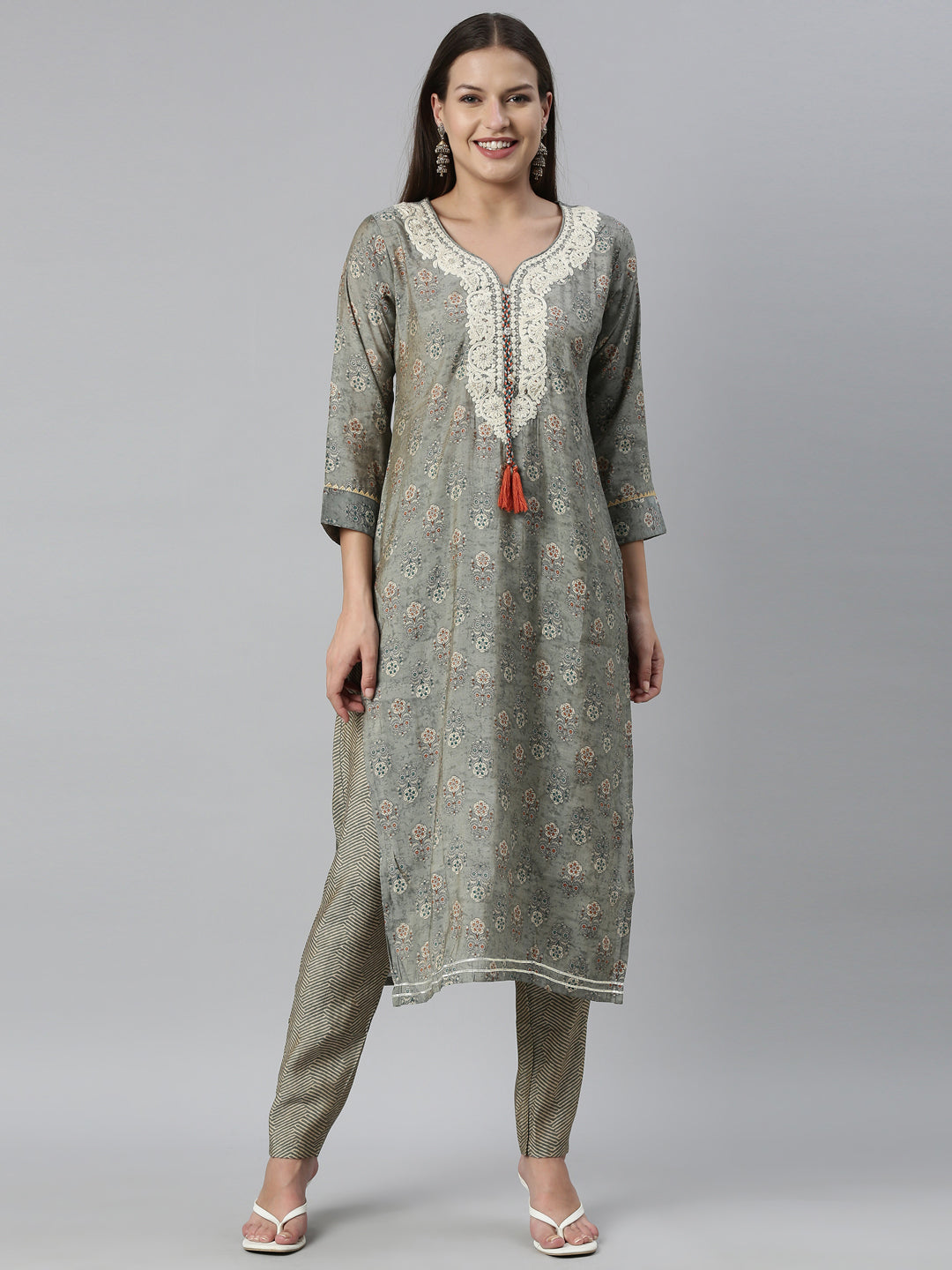 Neerus Grey muslin straight kurta set - front view