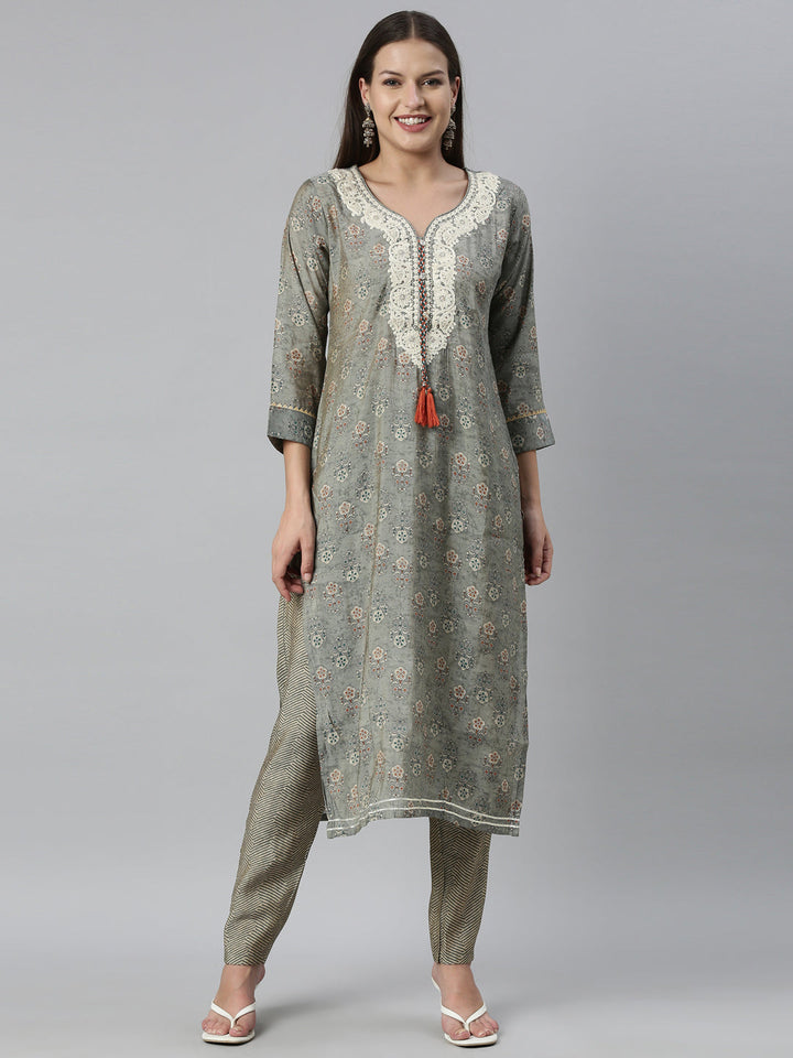 Neerus Grey muslin straight kurta set - front view
