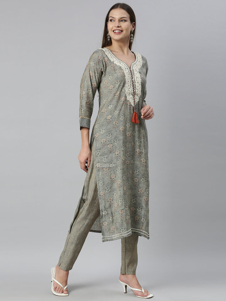 Neerus Grey muslin straight kurta set - detail view 1