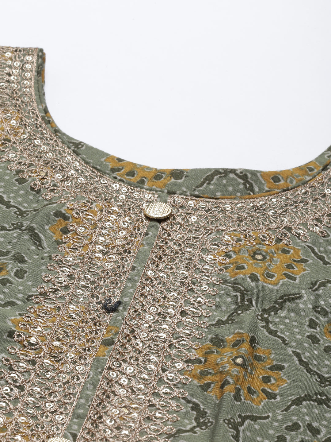 Neerus Green jute cotton printed kurta set - back view