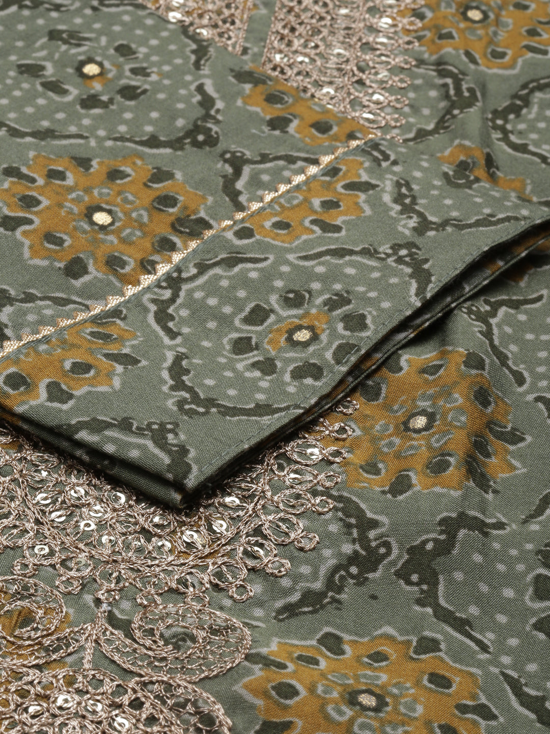 Neerus Green jute cotton printed kurta set - detail view 4