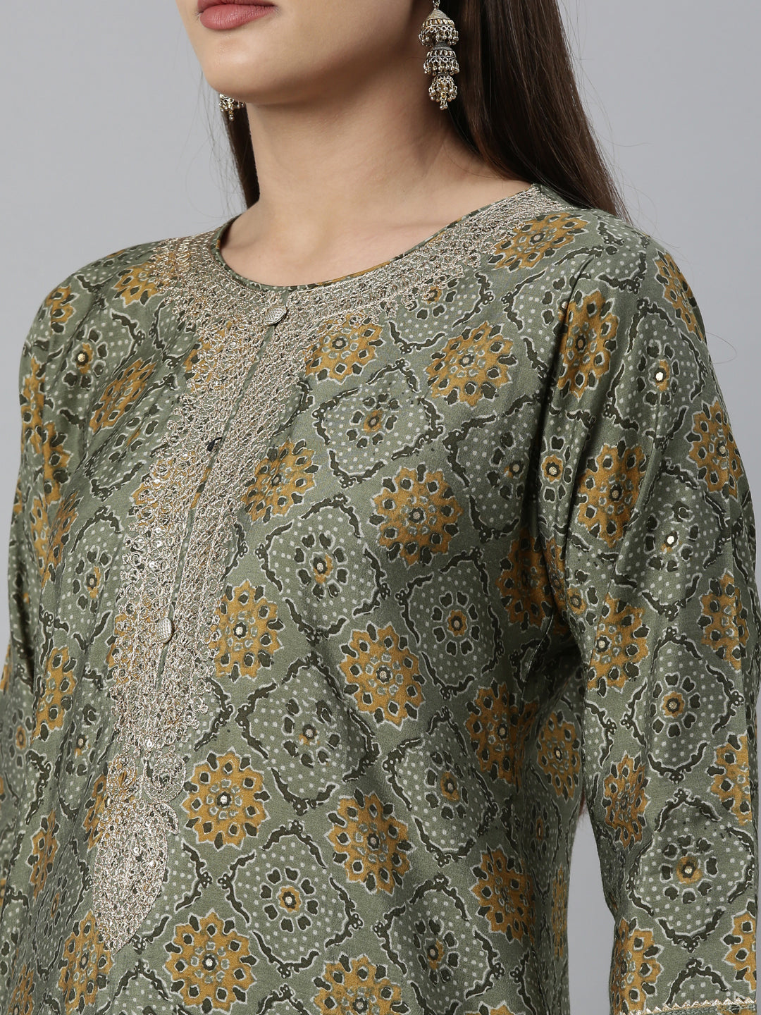 Neerus Green jute cotton printed kurta set - detail view 5