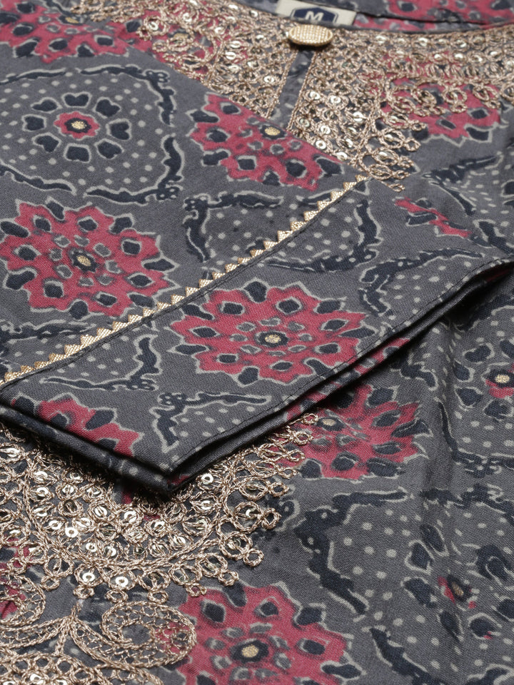 Neerus Grey muslin straight kurta set - detail view 4