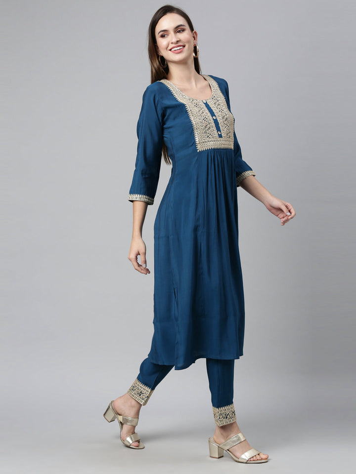Neerus Blue shantoon embroidered kurta set - front view