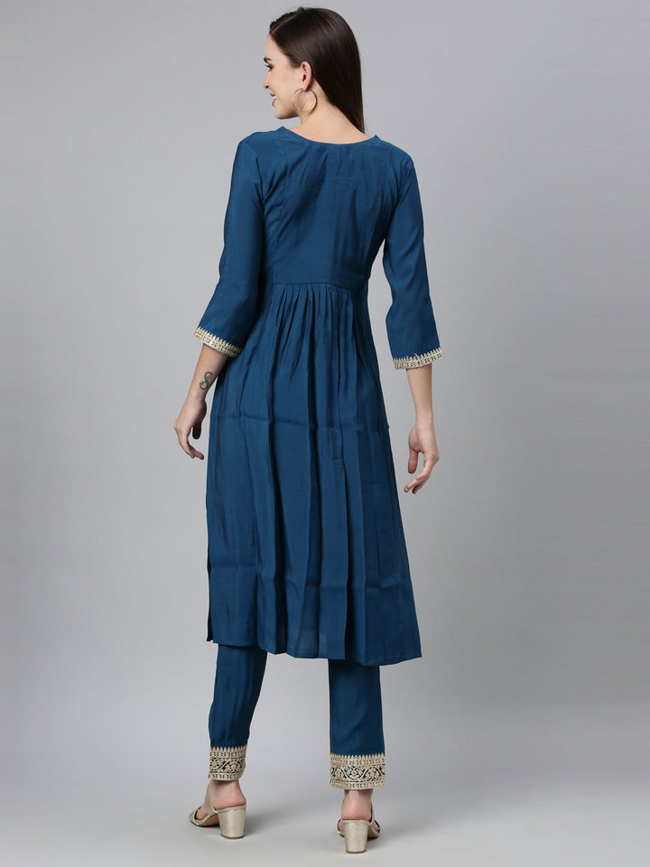 Neerus Blue shantoon embroidered kurta set - back view