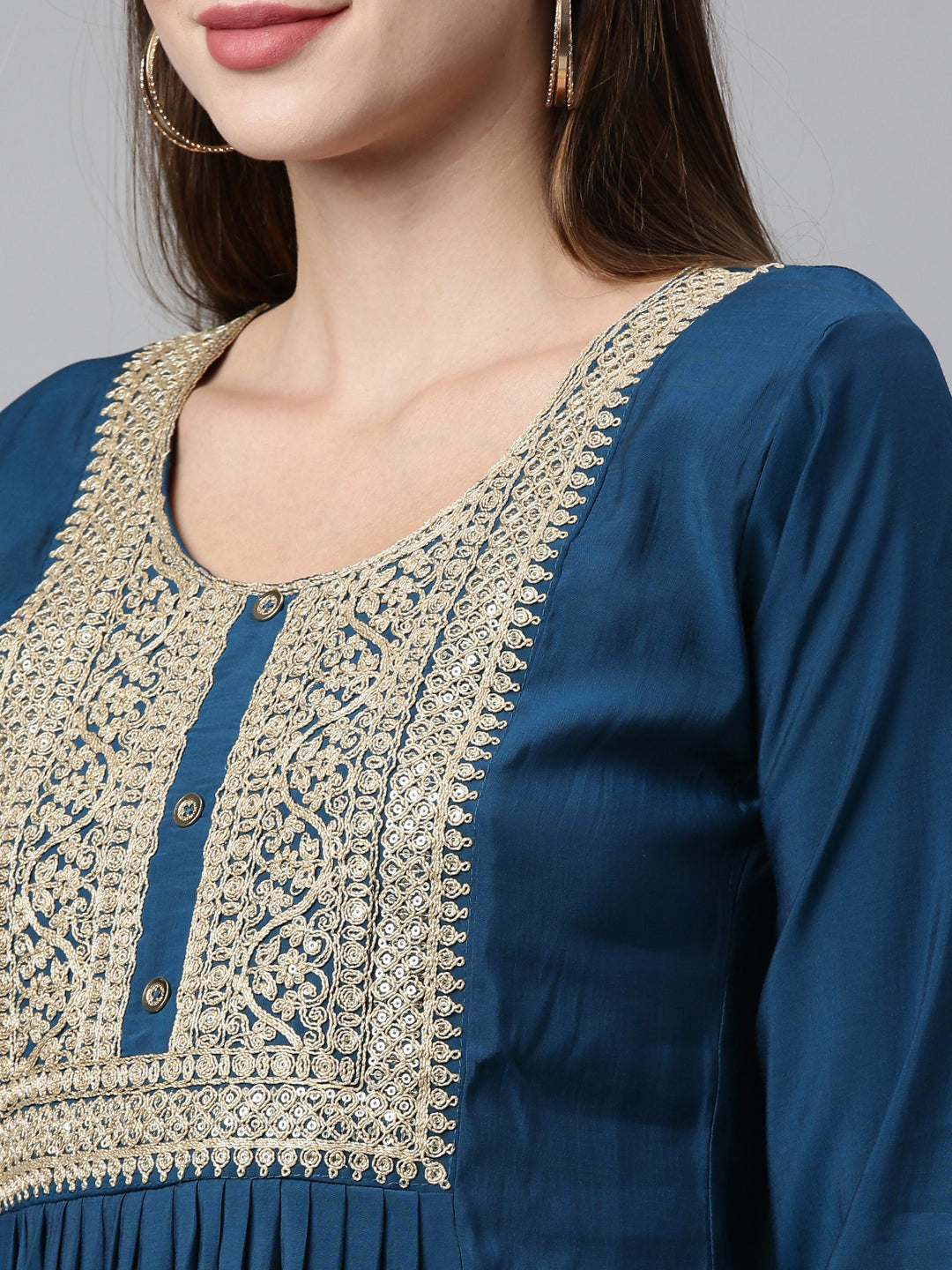 Neerus Blue shantoon embroidered kurta set - side view