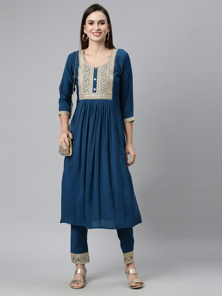 Neerus Blue shantoon embroidered kurta set - detail view 1