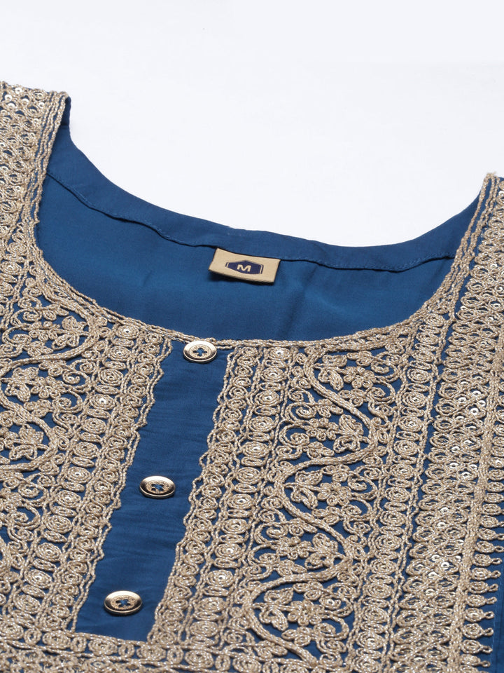 Neerus Blue shantoon embroidered kurta set - detail view 4