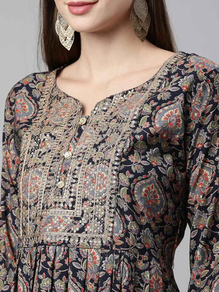 Neerus Blue shantoon printed kurta set - side view