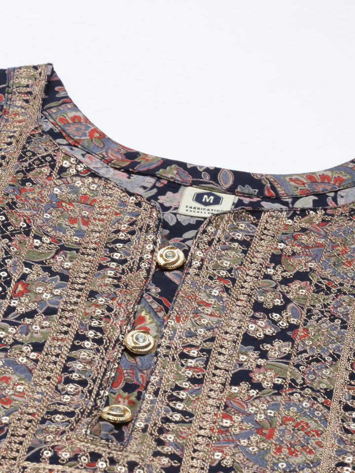 Neerus Blue shantoon printed kurta set - detail view 4