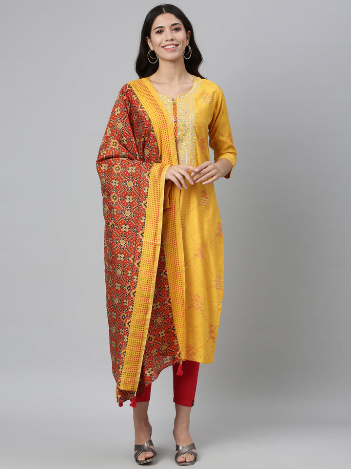 Neerus Yellow modal embellished kurta set - front view