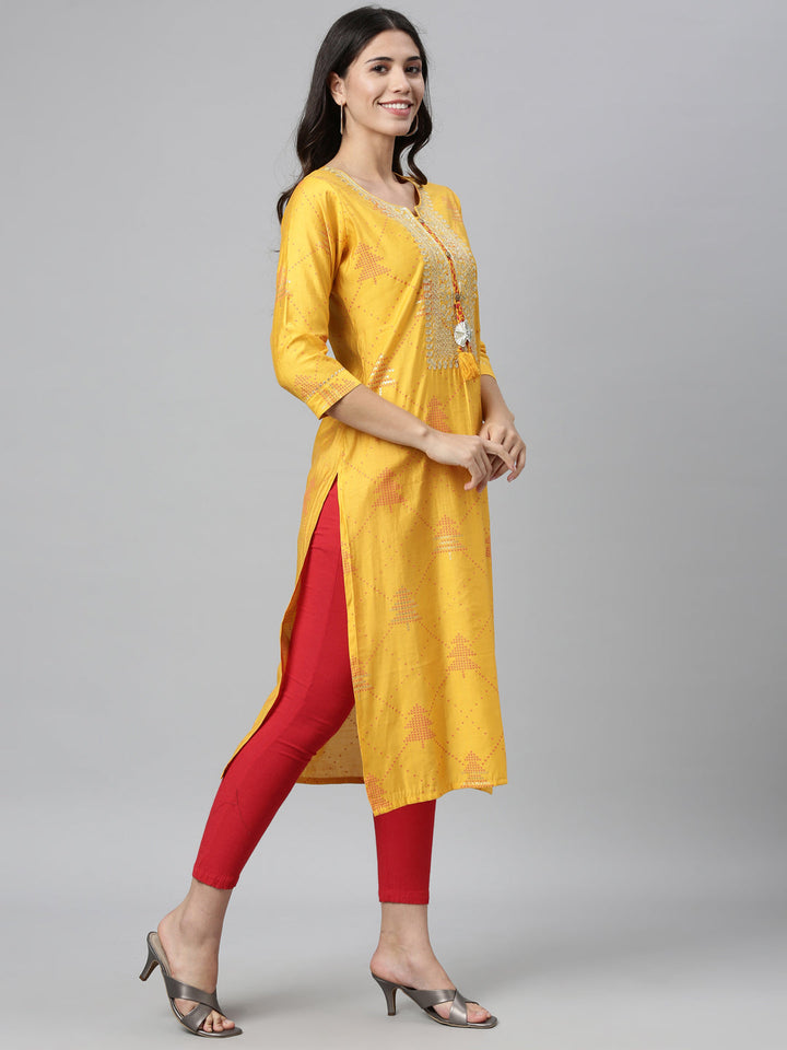 Neerus Yellow modal embellished kurta set - back view