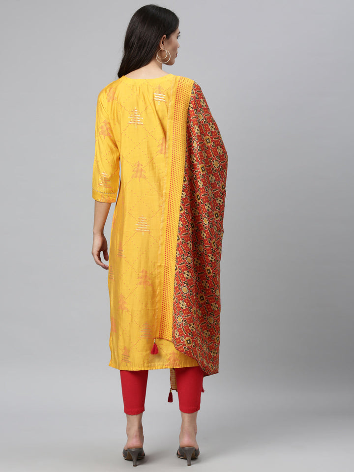 Neerus Yellow modal embellished kurta set - side view