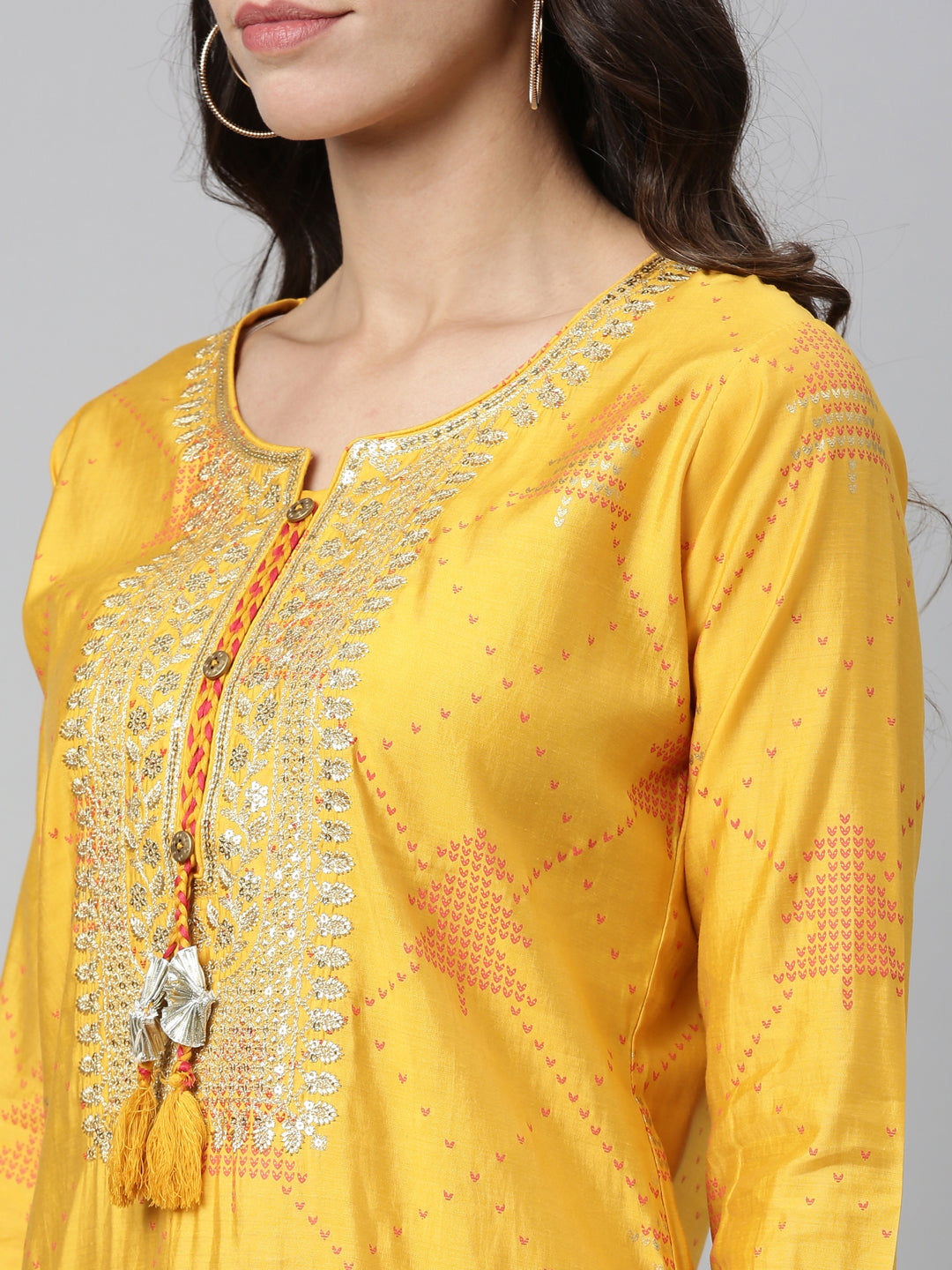 Neerus Yellow modal embellished kurta set - detail view 1